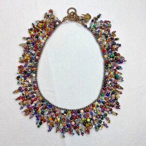 Handmade Multicolor Seed Bead Fringe Dangle Cluster Glass Beads Artisan Necklace